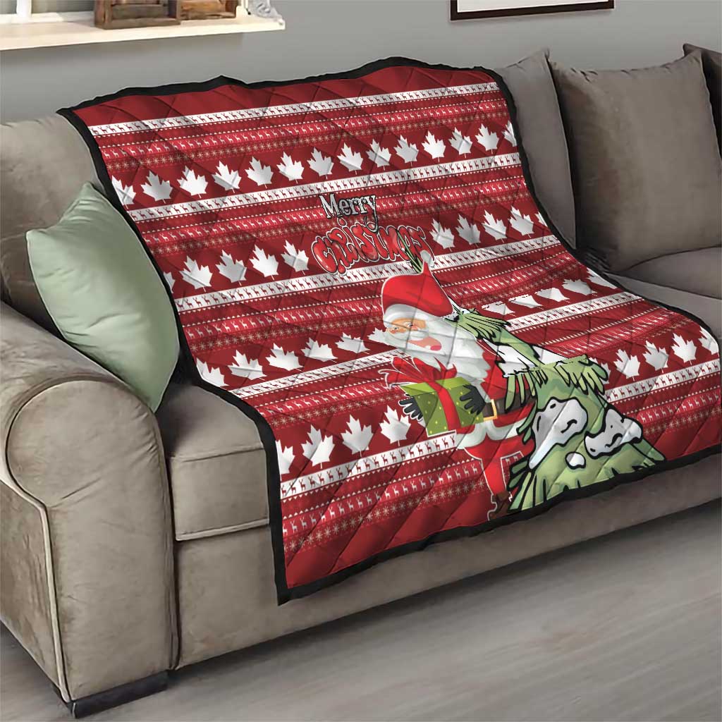 Red maple leaf Christmas quilt with Santa, green tree illustration, and “Merry Christmas” wording