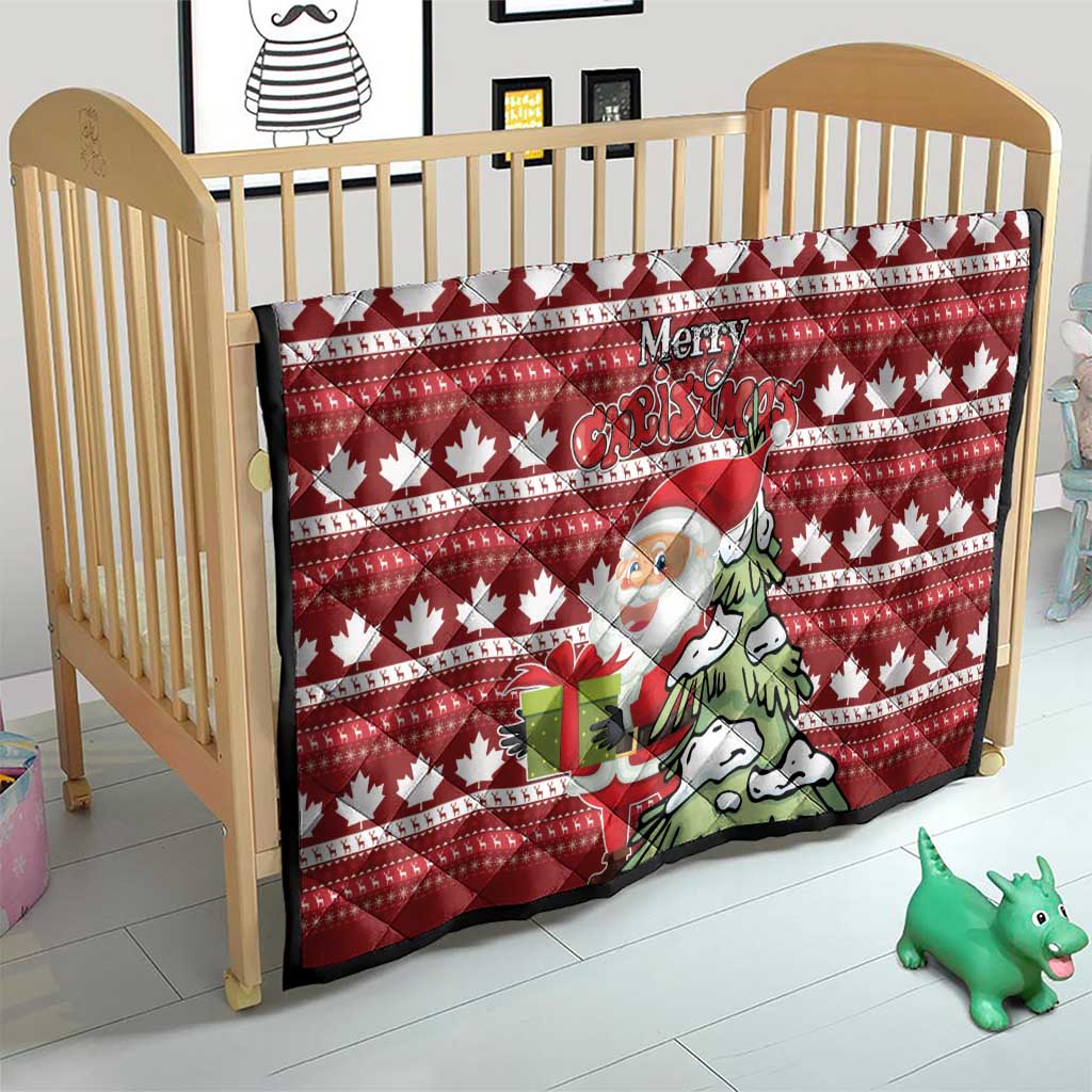 Red quilt with maple leaf stripes and Santa illustration, “Merry Christmas” centered on the fabric