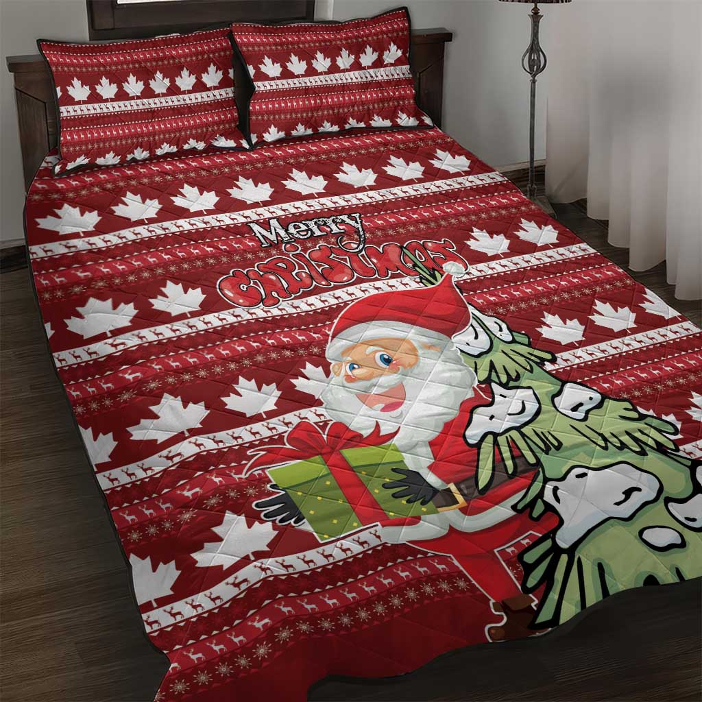 Red Christmas quilt bed set with Merry Christmas text, Santa, and maple leaves