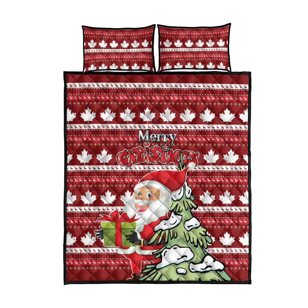 Red Christmas quilt bed set with two pillowcases and Santa under Merry Christmas headline