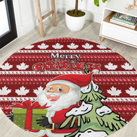 Red round Christmas rug featuring Santa and evergreen tree on maple leaf print