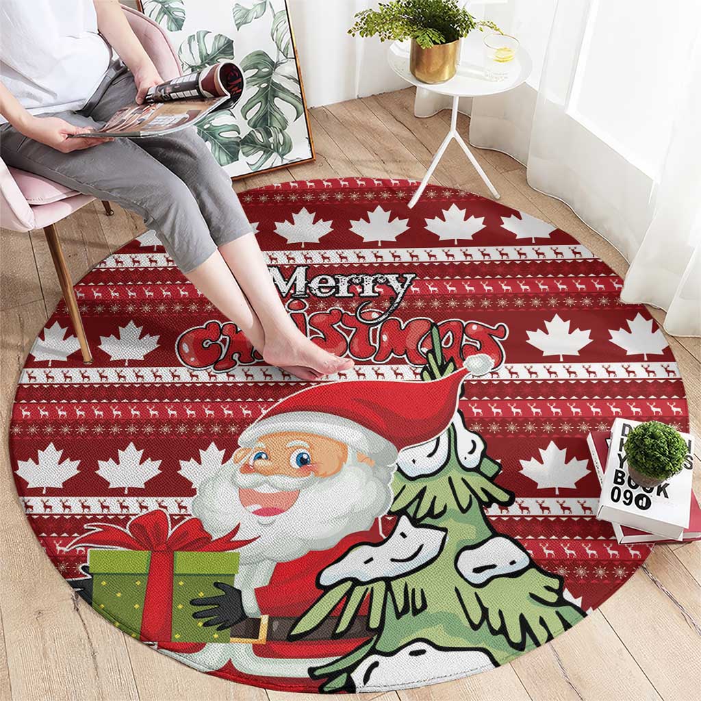 Red round Christmas rug with Santa, gifts, and Merry Christmas lettering
