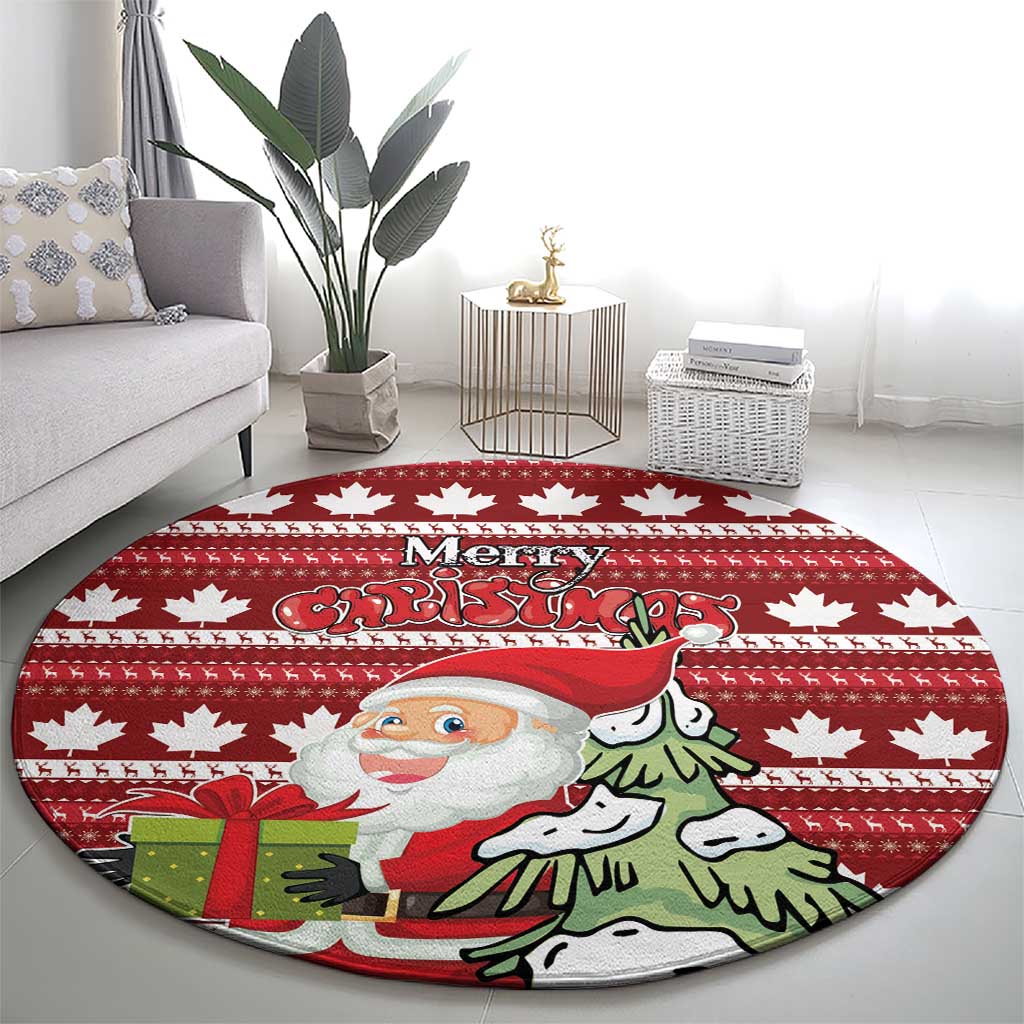 Red round Christmas area rug with maple leaf pattern, Santa holding tree and gifts