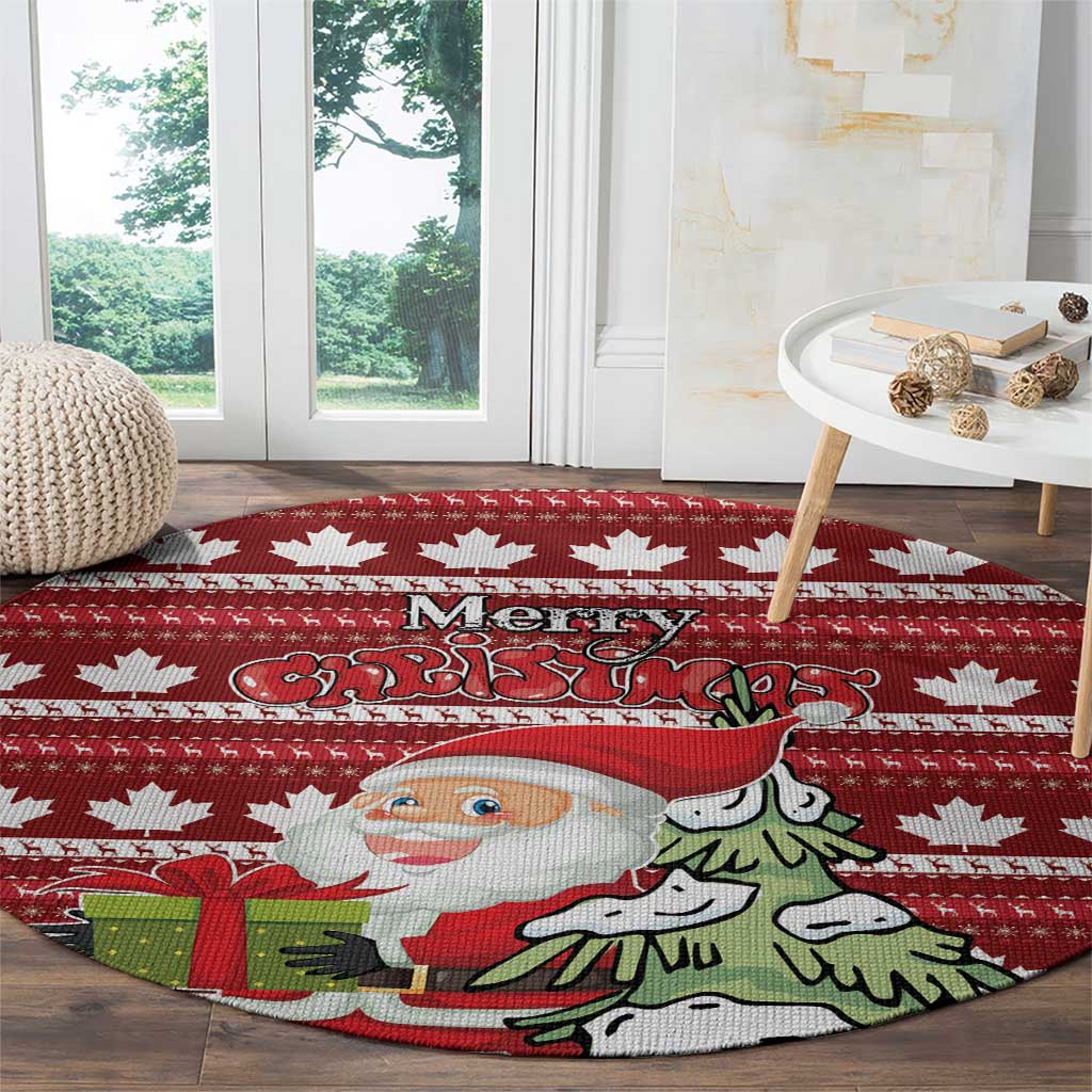 Red round Christmas rug with maple leaf border and Merry Christmas text