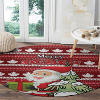 Red round Christmas rug with maple leaf border and Merry Christmas text