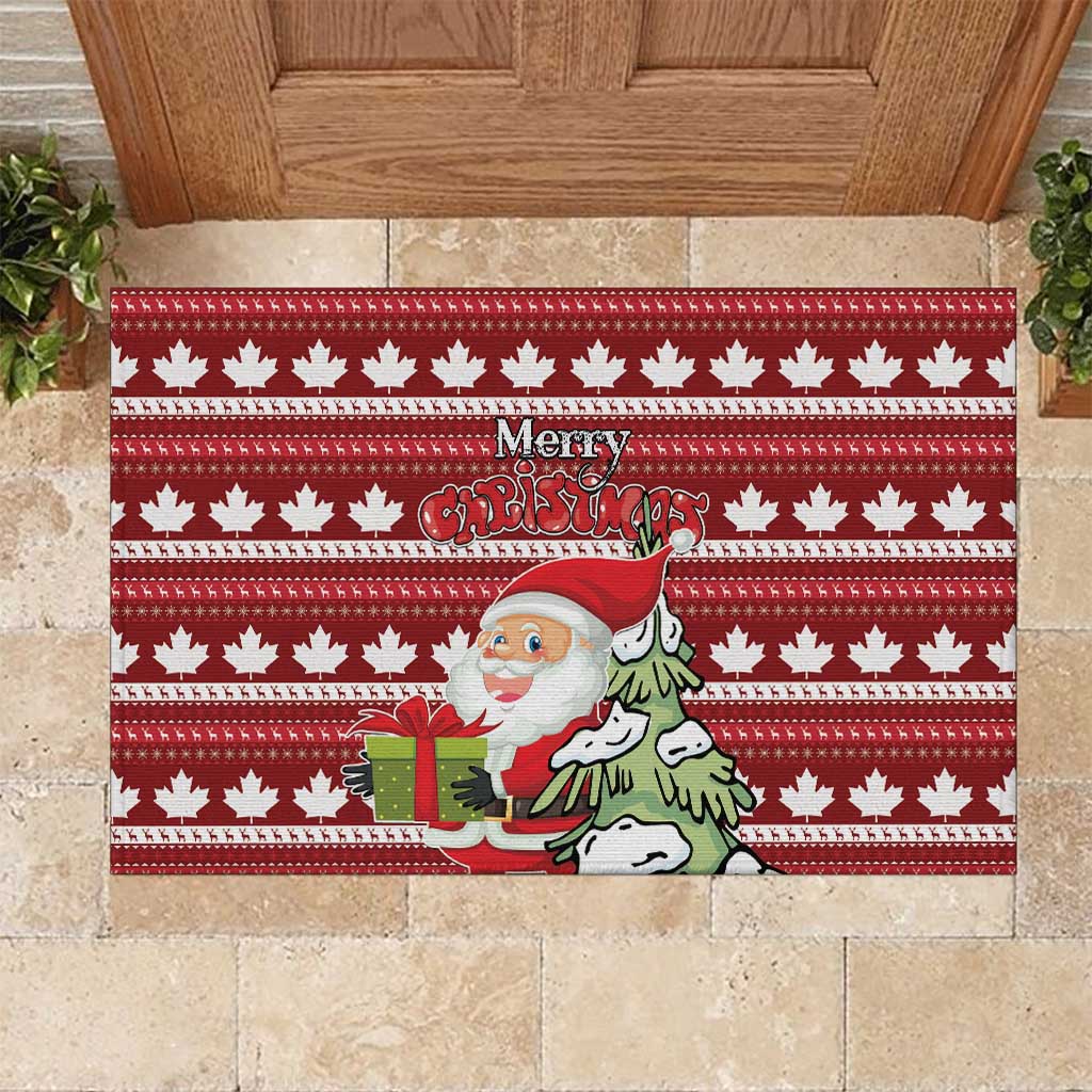 Red rubber Christmas doormat with maple leaf stripes and Santa graphic