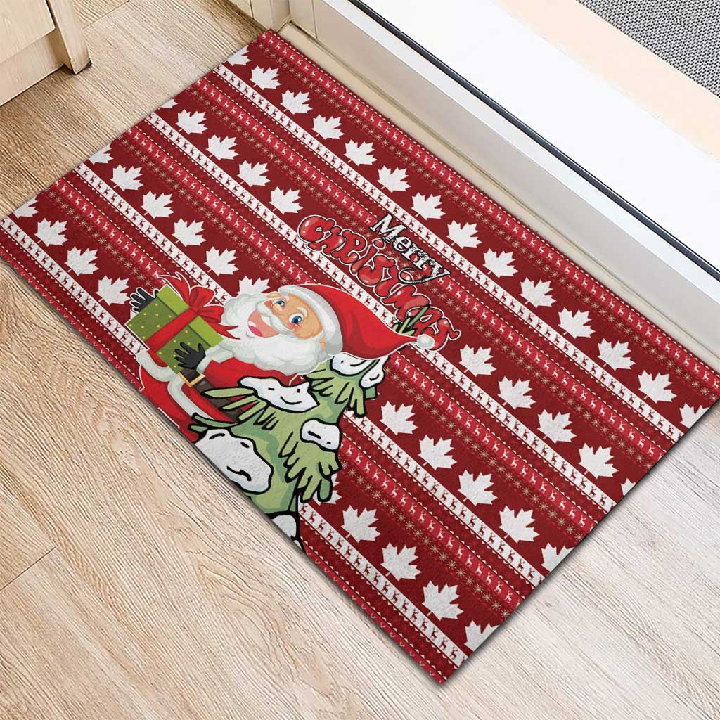 Red rubber Christmas doormat featuring Santa with gift, maple leaf stripe border