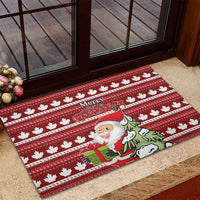 Red rubber Christmas doormat with Santa figure, maple leaf pattern, Merry Christmas title
