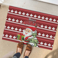 Red rubber Christmas doormat with maple leaf pattern, Santa holding gift and Merry Christmas