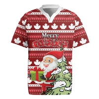 Red personalized Canada Christmas rugby jersey with white collar, maple leaf knit, 'Merry Christmas' front