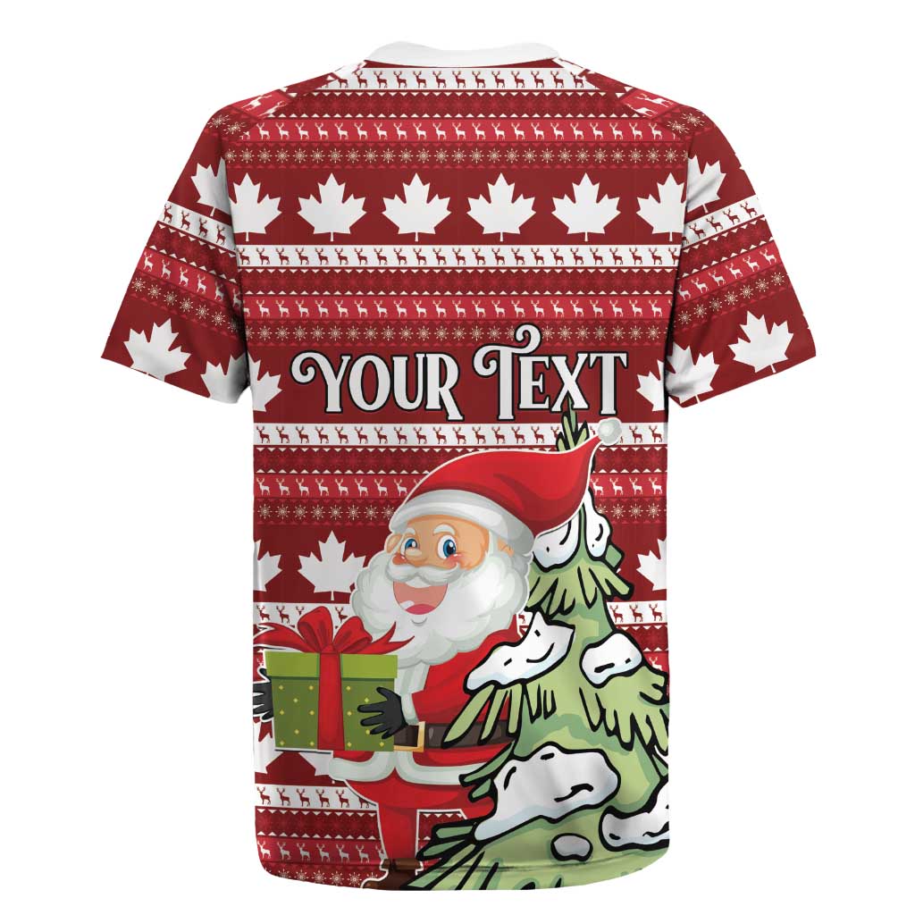Red personalized Canada Christmas rugby jersey with white collar, maple leaf knit, 'YOUR TEXT' back