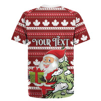 Red personalized Canada Christmas rugby jersey with white collar, maple leaf knit, 'YOUR TEXT' back