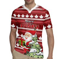 Red personalized Canada Christmas rugby jersey with white collar, maple leaf knit, Santa and 'Merry Christmas'