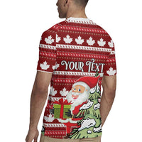 Red personalized Canada Christmas rugby jersey, white collar, maple leaf knit, back 'YOUR TEXT' with Santa