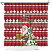 Red shower curtain with maple leaf stripes, Merry Christmas text, Santa with gift