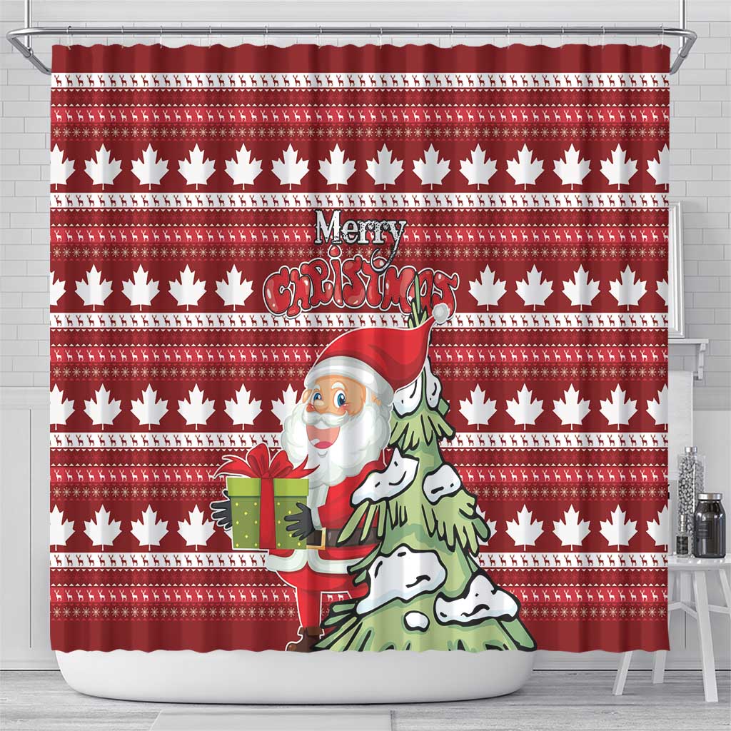 Red shower curtain with maple leaf stripes and Merry Christmas text, Santa beside tree