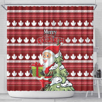 Red shower curtain with maple leaf stripes and Merry Christmas text, Santa beside tree