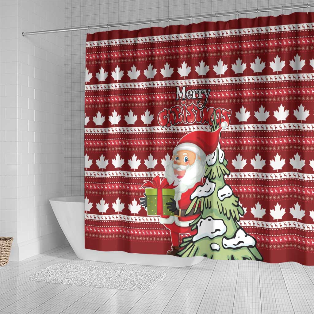 Red shower curtain with maple leaf pattern, Merry Christmas text, Santa holding gifts