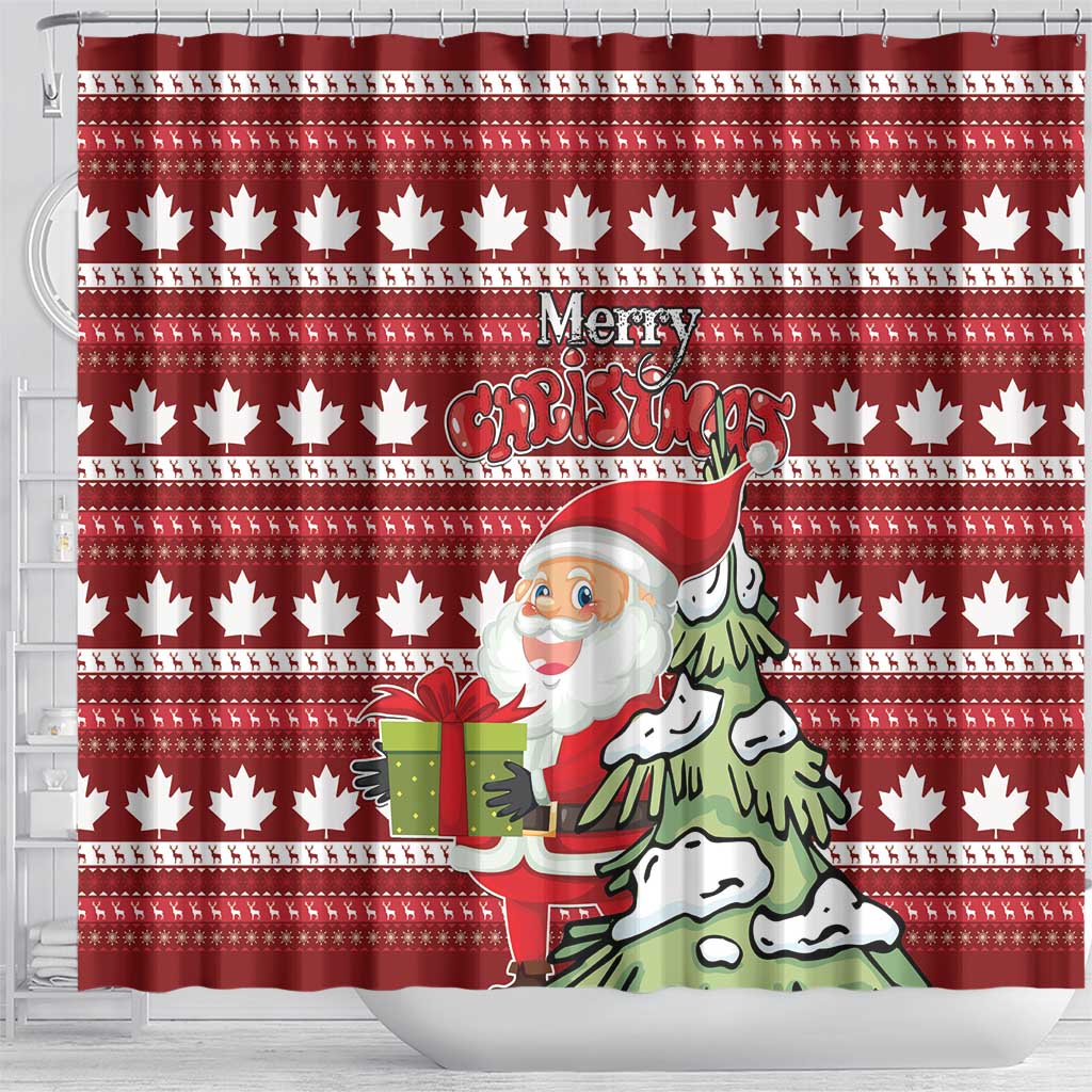 Red shower curtain with Merry Christmas lettering over maple leaf stripes, Santa and tree