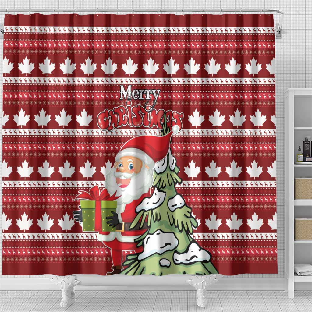Red shower curtain with repeating maple leaves and Merry Christmas design, Santa with gifts