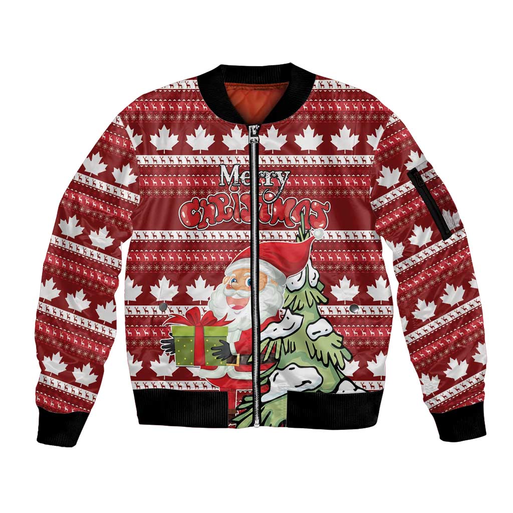 Red zip bomber jacket with black ribbed trim, Canadian maple leaf pattern and Santa front
