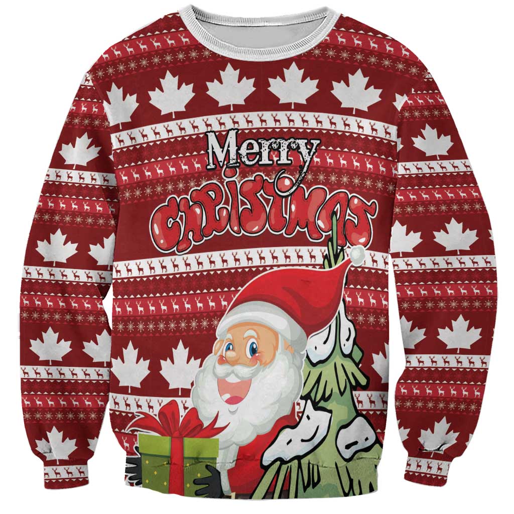 Red crewneck Christmas sweatshirt with maple leaf pattern and 'Merry Christmas' print