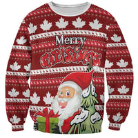 Red crewneck Christmas sweatshirt with maple leaf pattern and 'Merry Christmas' print