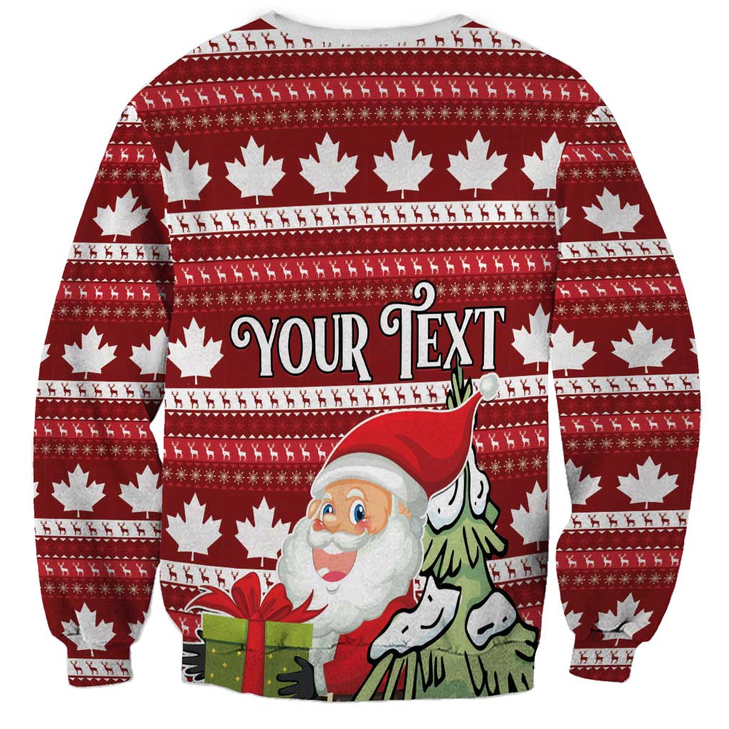 Red crewneck Christmas sweatshirt with maple leaf pattern and 'Your Text' banner