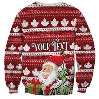 Red crewneck Christmas sweatshirt with maple leaf pattern and 'Your Text' banner
