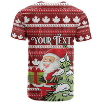 Red Christmas T-shirt with maple leaves, 'Your Text' and Santa with gifts