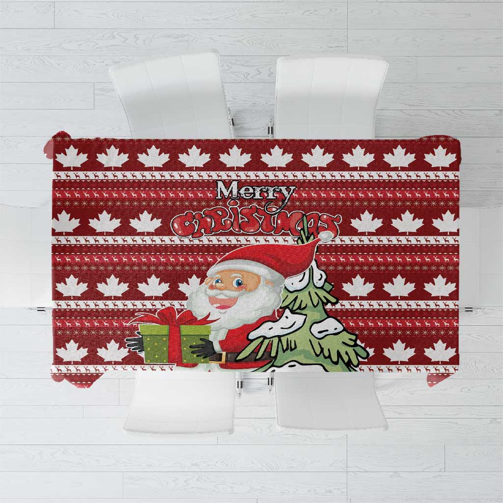 Red Christmas tablecloth with maple leaf pattern, Santa and 'Merry Christmas' print