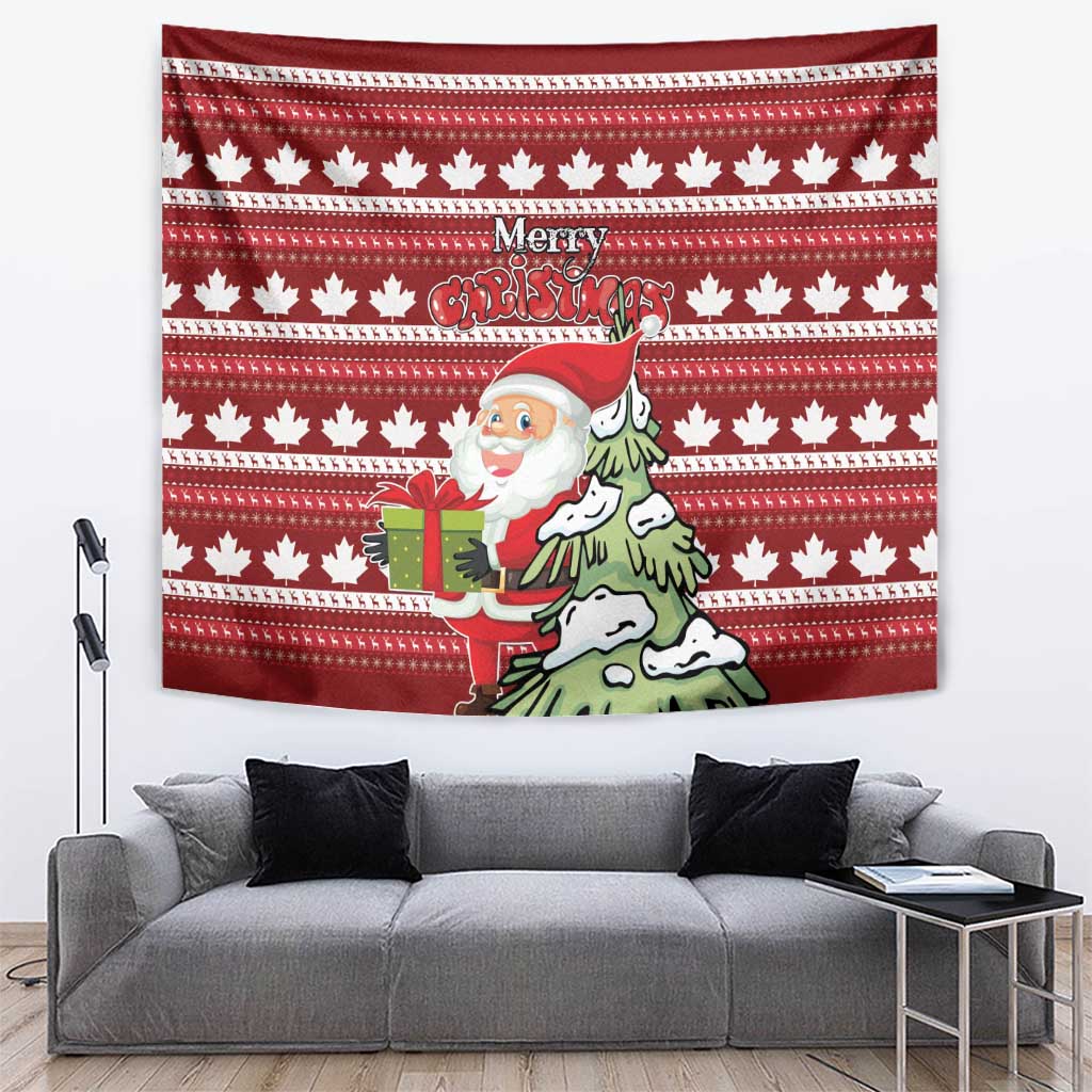 Red Christmas tapestry with white maple leaf pattern, “Merry Christmas” text, Santa with gift.