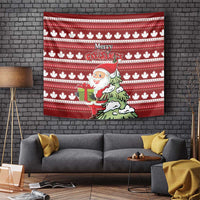 Red Christmas tapestry with white maple leaf pattern, “Merry Christmas,” Santa and tree design.
