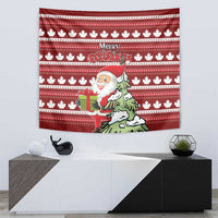 Red Christmas tapestry featuring white maple leaves, “Merry Christmas,” Santa and green tree illustration.