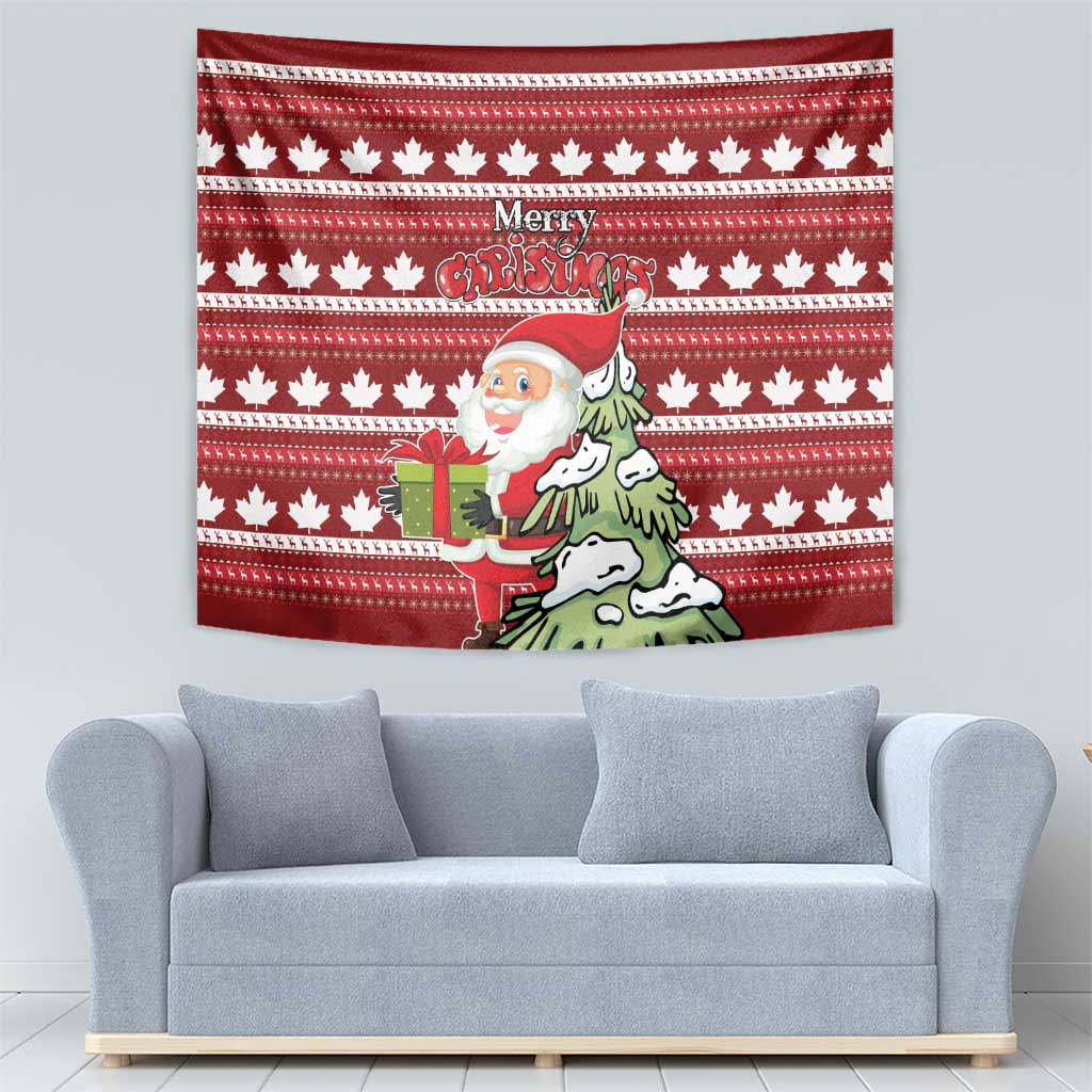 Red Christmas tapestry with white maple leaf stripes, “Merry Christmas,” Santa carrying a green gift bag.