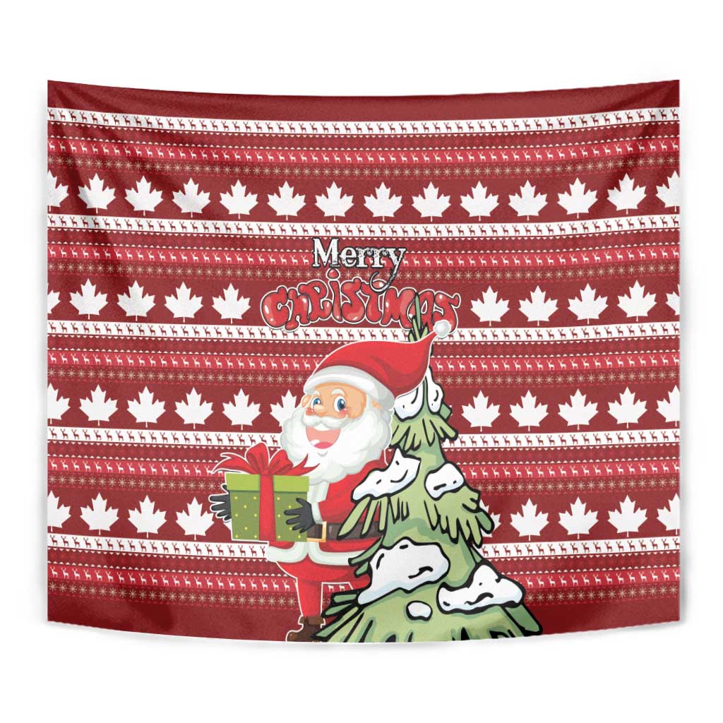 Red Christmas tapestry close-up: white maple leaves, “Merry Christmas,” Santa holding a gift.