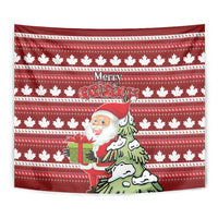 Red Christmas tapestry close-up: white maple leaves, “Merry Christmas,” Santa holding a gift.