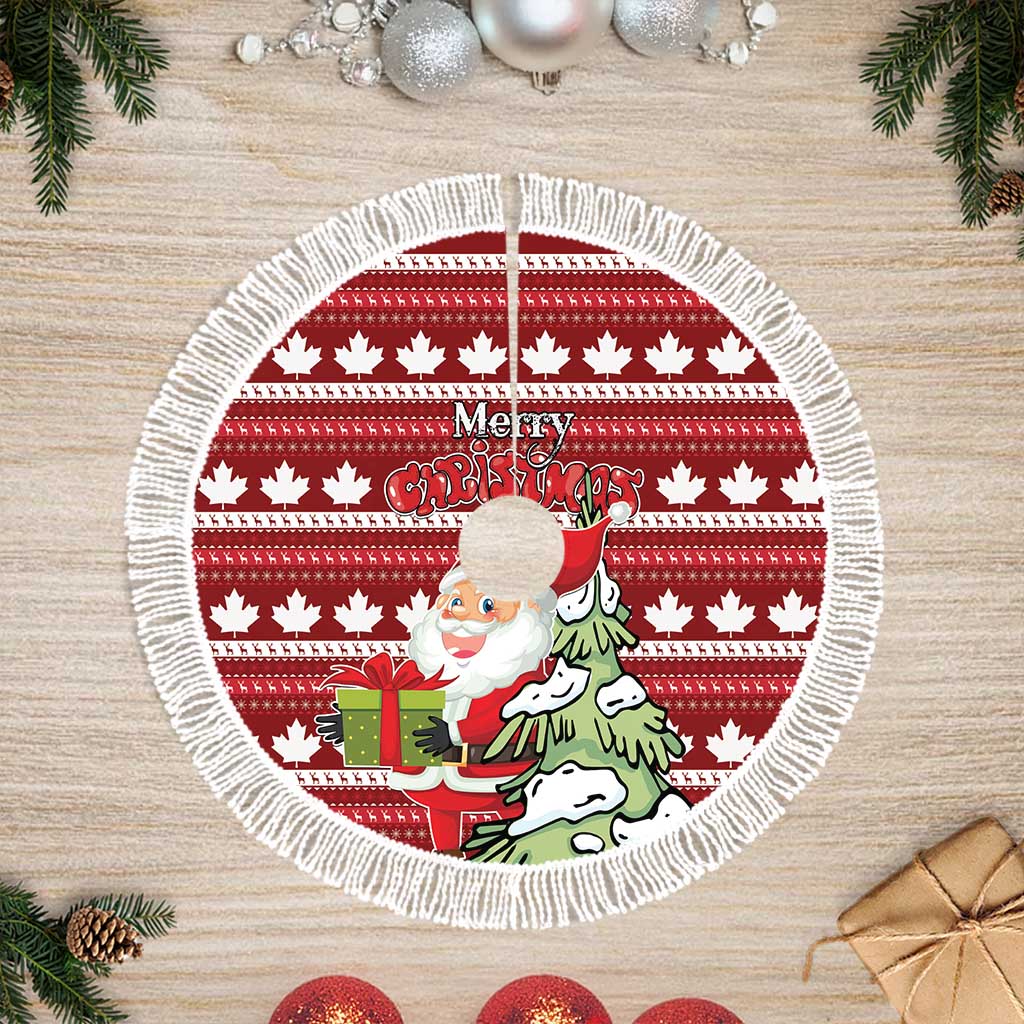 Red round Christmas tree skirt with maple leaf pattern and white fringe border