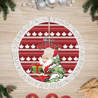 Red round Christmas tree skirt with maple leaf pattern and white fringe border