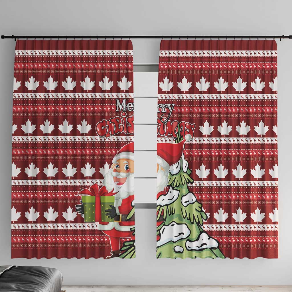 Red Christmas window curtain with maple leaf pattern and Santa and tree illustration.