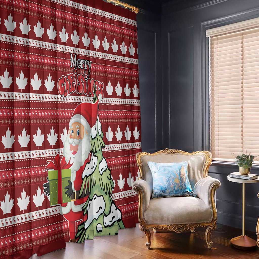 Red Christmas curtain panel with maple leaf stripes and Santa holding a gift design.