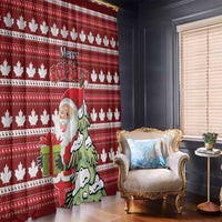 Red Christmas curtain panel with maple leaf stripes and Santa holding a gift design.