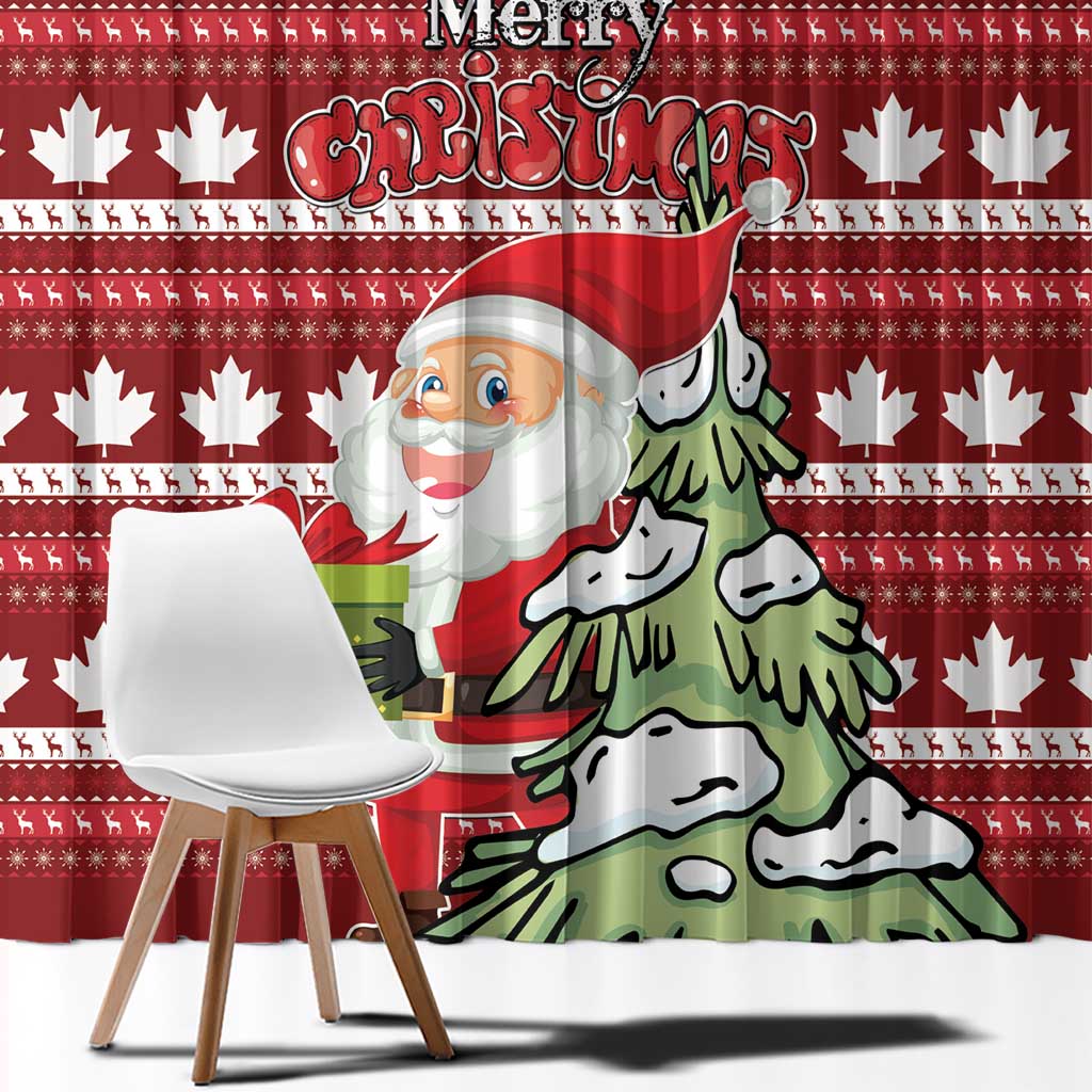 Red Christmas curtain with large Santa and green tree character over maple leaf rows.