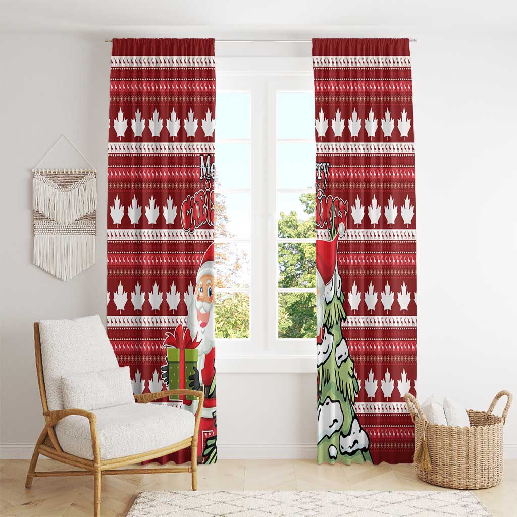 Red Christmas window curtains with maple leaf pattern and Santa and tree graphics.