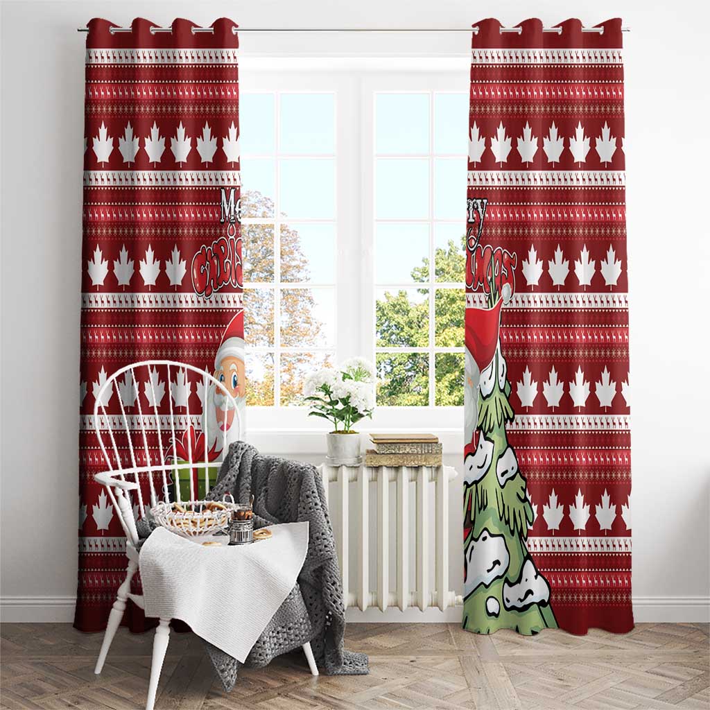 Red Christmas curtain set with maple leaf rows and Santa and evergreen character.