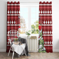 Red Christmas curtain set with maple leaf rows and Santa and evergreen character.