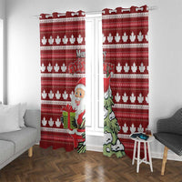 Red Christmas curtains with maple leaf pattern, Santa and tree illustrations at center.