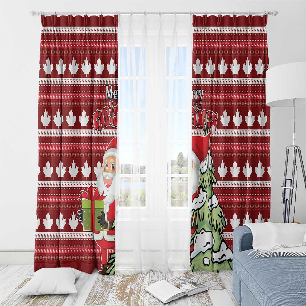 Red Christmas window curtains with maple leaf stripe pattern and hanging rings at top.