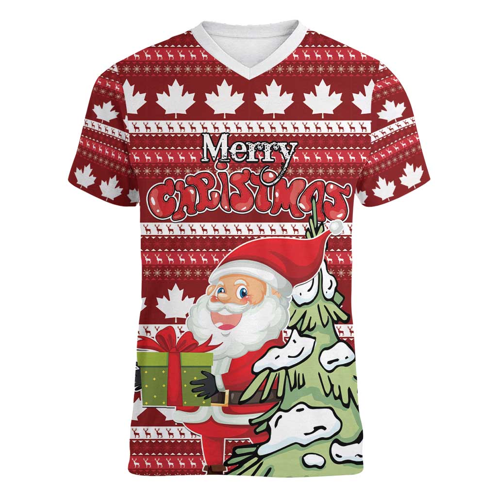 Personalized Canada Christmas Women V-Neck T-Shirt Maple Leaf Pattern - Wonder Print Shop