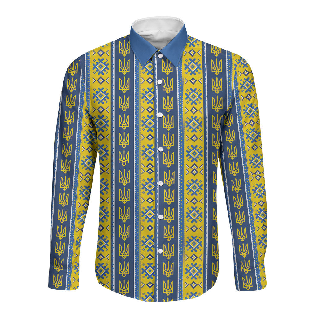 Ukraine Christmas Long Sleeve Button Shirt Ukrainian Trident Pattern